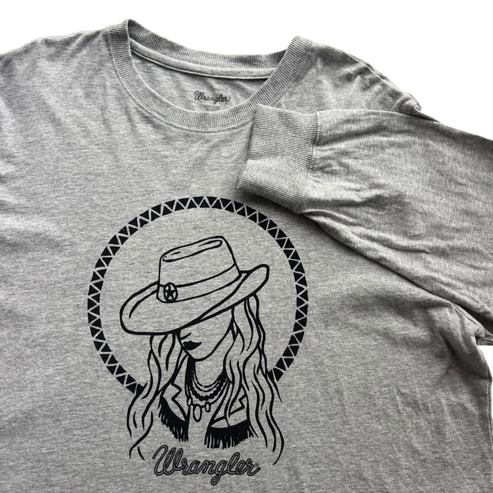 Wrangler Womens L Grey Black Cowgirl Graphic Long Sleeve Cropped T-Shirt Western